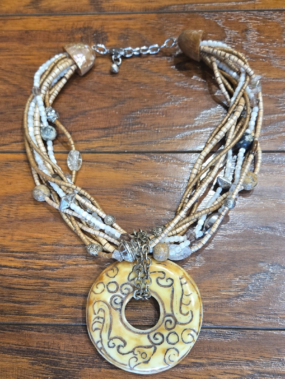 Boho Multi-Strand Beige & Cream Pendant Necklace